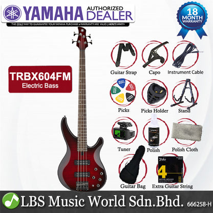 Yamaha TRBX604FM 4 String Active Electric Bass Guitar with Flamed Maple Top Dark Red Burst (TRBX604 FM)