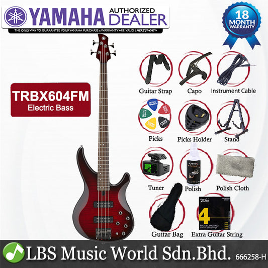 Yamaha TRBX604FM 4 String Active Electric Bass Guitar with Flamed Maple Top Dark Red Burst (TRBX604 FM)