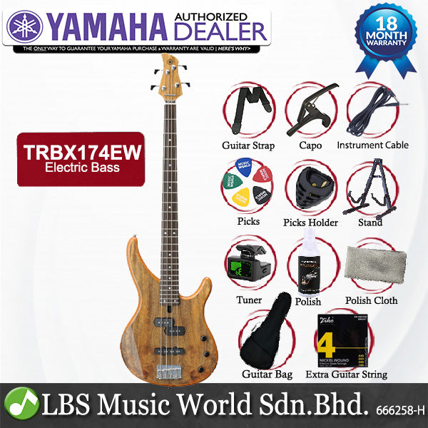 Yamaha TRBX174EW 4 String Flamed Mango Top SS Pickup Electric Bass Guitar Natural (TRBX174 EW)
