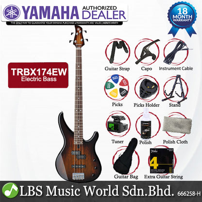 Yamaha TRBX174EW 4 String Flamed Mango Top SS Pickup Electric Bass Guitar Tobacco Brown Sunburst (TRBX174 EW)