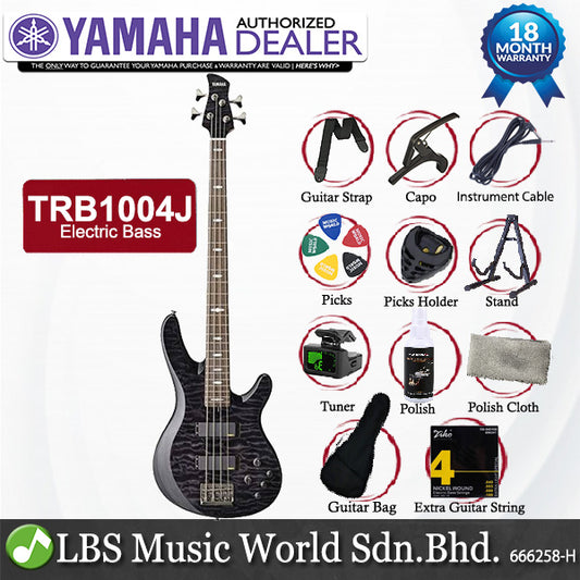 Yamaha TRB1004J 4 String Alder Hum Canceling Type Alnico V Pickup Electric Bass Guitar Translucent Black (TRB 1004J)