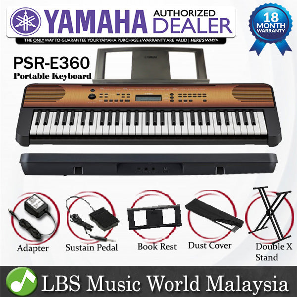 [Discontinued] Yamaha PSR-E360 61 Key Portable Keyboard Electric Piano Maple Stand & Pedal (PSR E360 PSRE360)