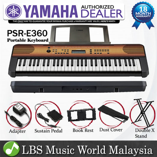 [Discontinued] Yamaha PSR-E360 61 Key Portable Keyboard Electric Piano Maple Stand & Pedal (PSR E360 PSRE360)