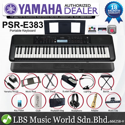 Yamaha PSR-E383 61 Key Portable Keyboard Full Package With Complete Accessories and PSP-900 (PSRE383 PSR E383)