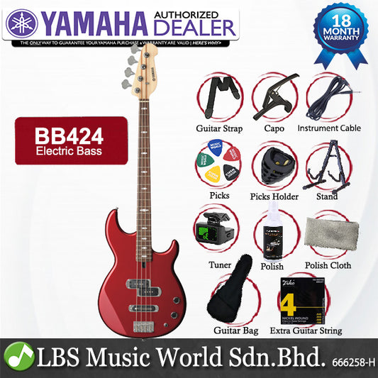 Yamaha BB424 4 String Maple SS Pickup Electric Bass Guitar - Red Metallic (BB 424)