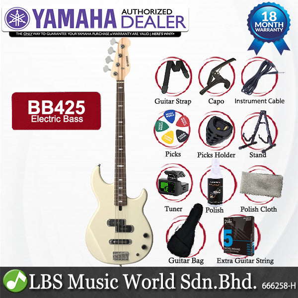 Yamaha BB425 5 String Alder SS Pickup Electric Bass Guitar - Vintage White (BB 425)