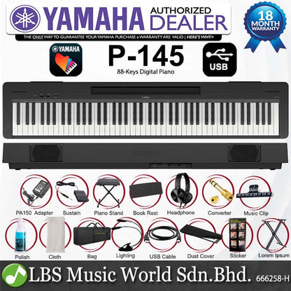 Yamaha P-145 88 Key Digital Piano Package - Black (P145)