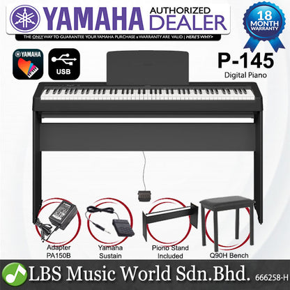 Yamaha P-145 88 Key Digital Piano with Original Adapter - Black (P145)