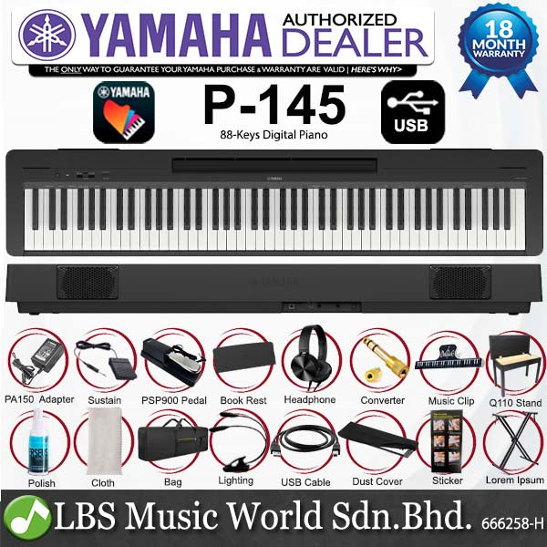 Yamaha P-145 88 Key Digital Piano with Original Adapter - Black (P145)