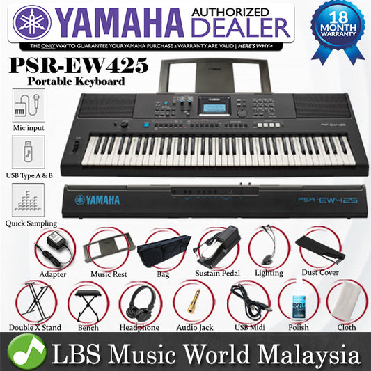 Yamaha PSR-EW425 76 Key Portable Keyboard Professional Bundle (PSREW425 PSR EW425)