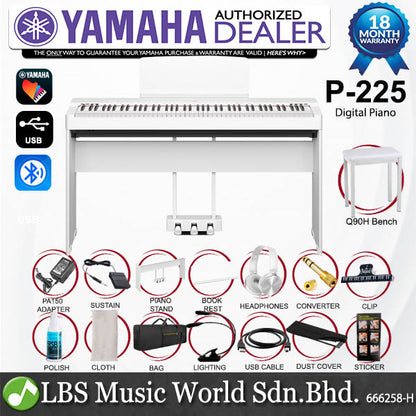 Yamaha P-225 88 Keys Digital Piano Package with Q90H Bench (P225 P 225)