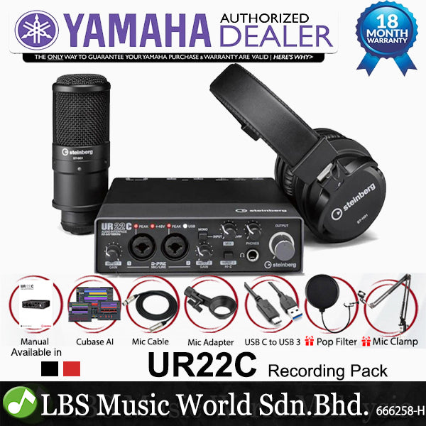 Yamaha Steinberg UR22C USB C Audio Interface Pack with ST-M01 Condenser Microphone and ST-H01 Headphone (Pop Filter and Mic Clamp)