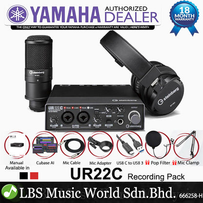 Yamaha Steinberg UR22C USB C Audio Interface Pack with ST-M01 Condenser Microphone and ST-H01 Headphone (Pop Filter and Mic Clamp)