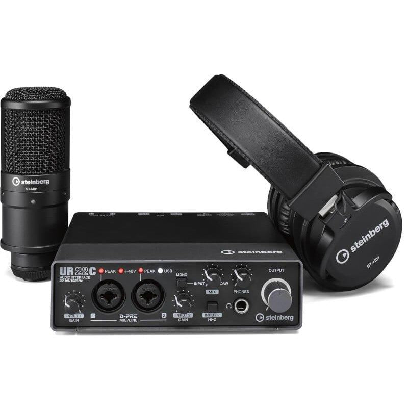 Yamaha Steinberg UR22C USB C Audio Interface Pack with ST-M01 Condenser Microphone and ST-H01 Headphone (Pop Filter and Mic Clamp)