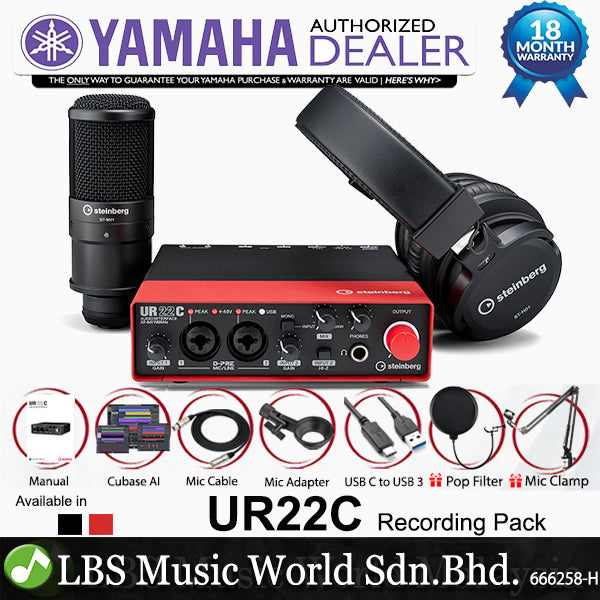 Yamaha Steinberg UR22C USB C Audio Interface Pack with ST-M01 Condenser Microphone and ST-H01 Headphone (Pop Filter and Mic Clamp)