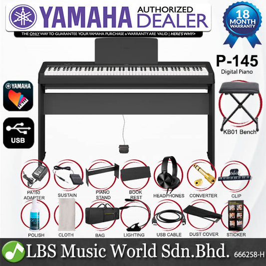 Yamaha P-145 88 Key Digital Piano with KB01 Keyboard Bench Package - Black (P145)