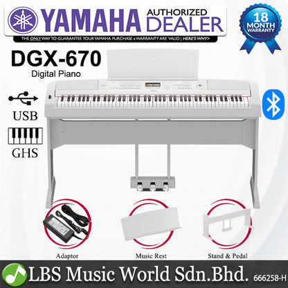 Yamaha DGX-670 88 Keys Digital Piano with Rhythm and Bluetooth Basic Package White (DGX670 DGX 670)