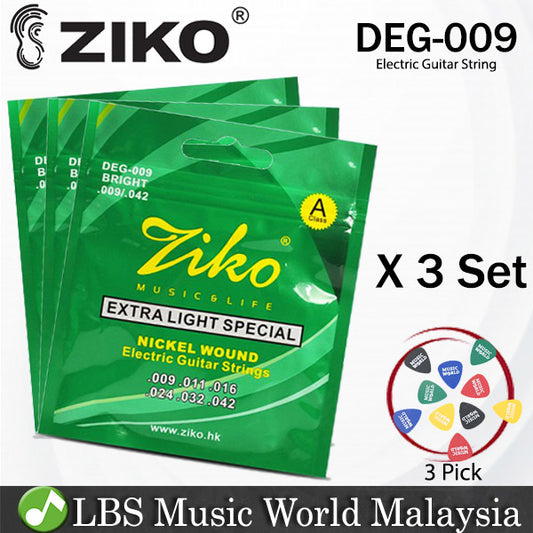 Ziko DEG-009 Electric Guitar Strings Nickle Wound Extra Light Special Bright Tone 3 Set (009-042)