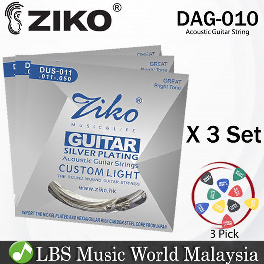 Ziko DUS-011 Acoustic Guitar Strings Silver Plating Custom Light Great Bright Tone 3 Set (011-050)