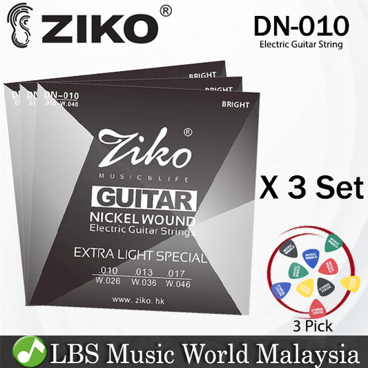 Ziko DN-010 Electric Guitar Strings Nickel Wound Extra Light Special Tone 3 Set (010-046)