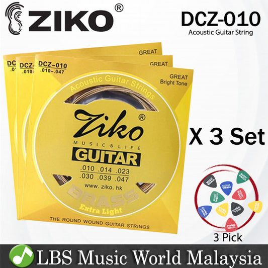 Ziko DCZ-010 Brass Acoustic Guitar Strings Extra Light Great Bright Tone 3 Set (010-047)