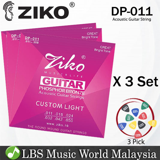 Ziko DP-011 Acoustic Guitar Strings Custom Light Great Bright Tone Phosphor Bronze 3 Set (011-050)