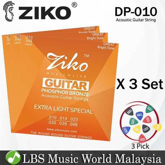 Ziko DP-010 Acoustic Guitar Strings Extra Light Special Great Bright Tone Phosphor Bronze 3 Set (010-048)