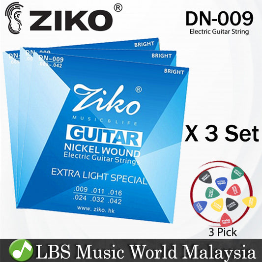Ziko DN-009 Electric Guitar Strings Nickle Wound Extra Light Special Bright Tone 3 Set (009-042)