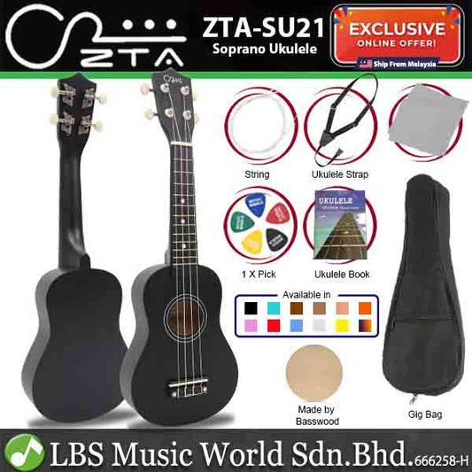 ZTA 21 Inch Soprano Ukulele Hawaii Guitar Beginner Starter Package (Black)