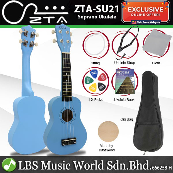 ZTA 21 Inch Soprano Ukulele Hawaii Guitar Beginner Starter Package (Blue)