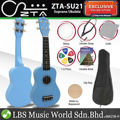 ZTA 21 Inch Soprano Ukulele Hawaii Guitar Beginner Starter Package (Blue)