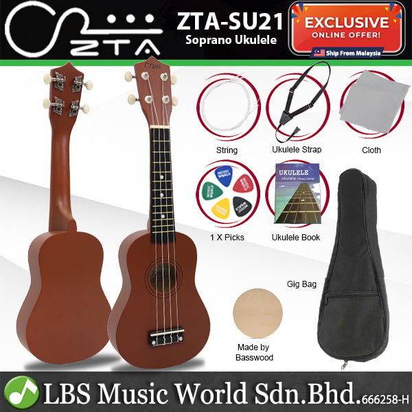 ZTA 21 Inch Soprano Ukulele Hawaii Guitar Beginner Starter Package (Black)