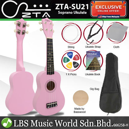 ZTA 21 Inch Soprano Ukulele Hawaii Guitar Beginner Starter Package (Pink)