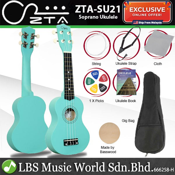 ZTA 21 Inch Soprano Ukulele Hawaii Guitar Beginner Starter Package (Turquoise)