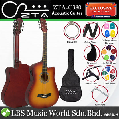 ZTA 38 Inch Acoustic Guitar Sunburst EQ Pickup Cutaway Starter Pack Folk Guitar Bundle With Plug In Amp Equalizer