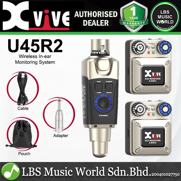 Xvive U45R2 Wireless In Ear Monitoring System 1 Plug-on Transmitter and 2 Bodypack Receivers - 5.8GHz