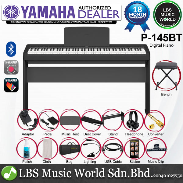 Yamaha P-145BT 88 Key Digital Piano Full Complete Package - Black (P145BT)