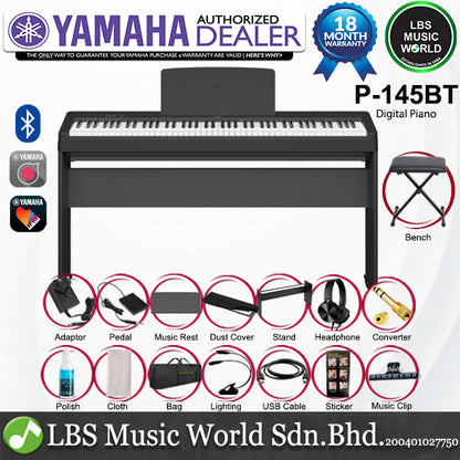 Yamaha P-145BT 88 Key Digital Piano Full Complete Package - Black (P145BT)