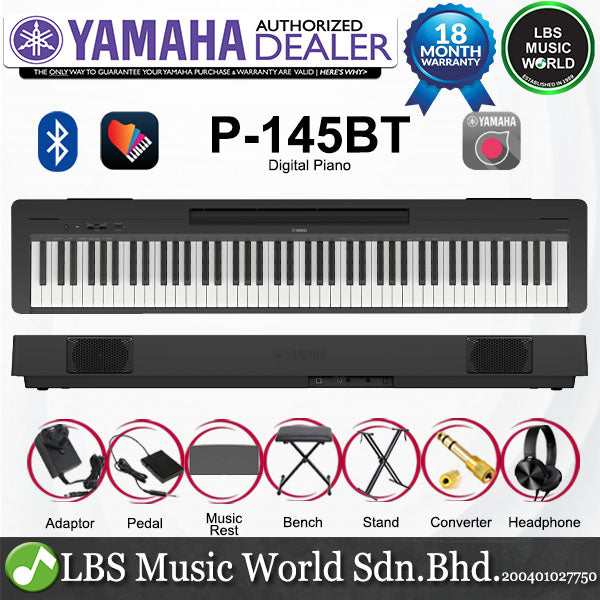 Yamaha P-145BT 88 Key Digital Piano Full Complete Package - Black (P145BT)
