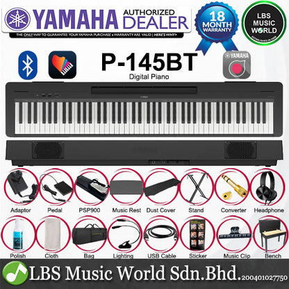 Yamaha P-145BT 88 Key Digital Piano Full Complete Package - Black (P145BT)