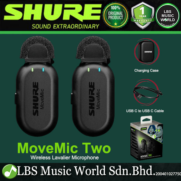 Shure MoveMic Two Dual Channel Clip On Mic Wireless Lavalier Microphone with Charging Case