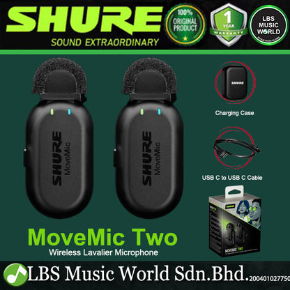 Shure MoveMic Two Dual Channel Clip On Mic Wireless Lavalier Microphone with Charging Case