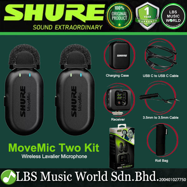 Shure MoveMic Two Dual Channel Clip On Mic Wireless Lavalier Microphone with Charging Case