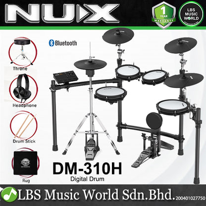 Nux DM-310H Full Set Digital Electronic Drum Kit with Bluetooth and Dual Mesh Head (DM310H DM 310H)