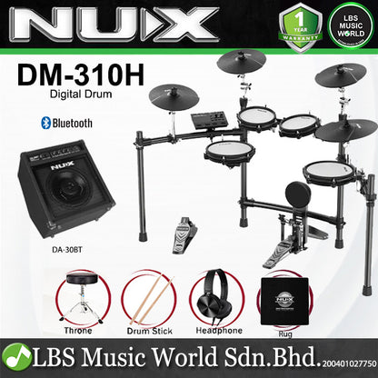 Nux DM-310H Full Set Digital Electronic Drum Kit with Bluetooth and Dual Mesh Head (DM310H DM 310H)