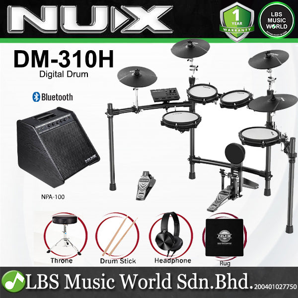 Nux DM-310H Full Set Digital Electronic Drum Kit with Bluetooth and Dual Mesh Head (DM310H DM 310H)