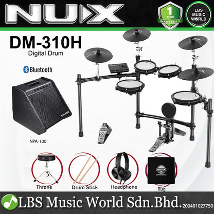 Nux DM-310H Full Set Digital Electronic Drum Kit with Bluetooth and Dual Mesh Head (DM310H DM 310H)