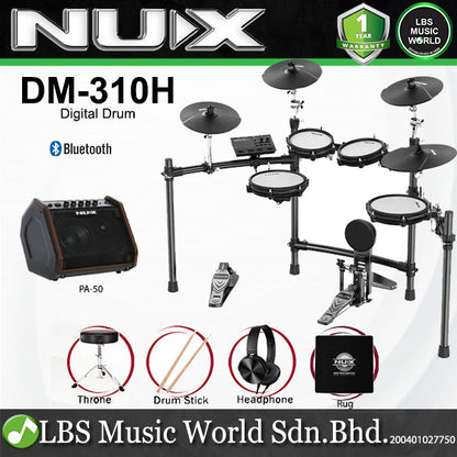 Nux DM-310H Full Set Digital Electronic Drum Kit with Bluetooth and Dual Mesh Head (DM310H DM 310H)