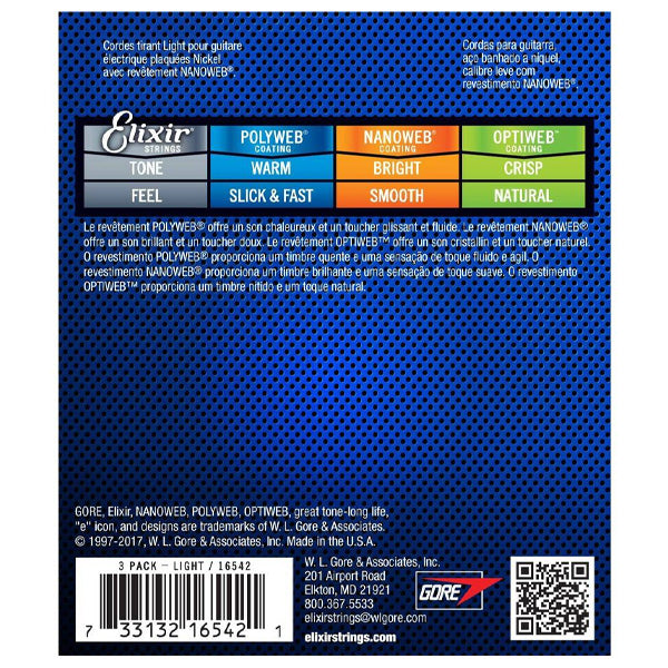 Elixir 16542 Nanoweb Electric Guitar String Light Smooth 3 Pack (10-46)