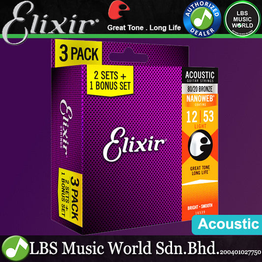 Elixir 16539 Nanoweb Acoustic Guitar String Bronze Light Bright Smooth 3 Pack (12-53)